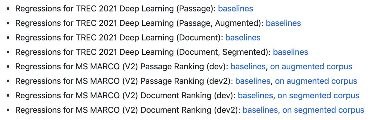 Most of the #trec2021 baselines on the MS MARCO V2 data are now available in Anserini as reproducible regression tests. Enjoy! github.com/castorini/anse…