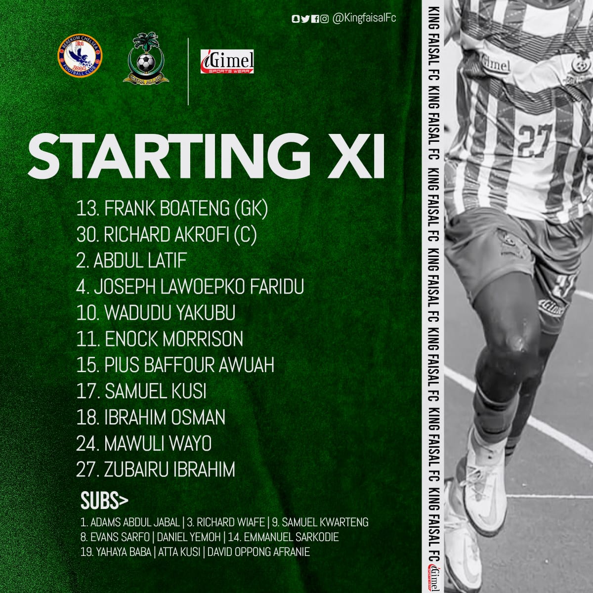 MrTawfiqgonja_'s tweet image. The In Sha Allah boy&apos;s 🟢⚪ in line-Up away to Berekum Chelsea.

   #CHEFAI #Gplwk4
#SportsCenter