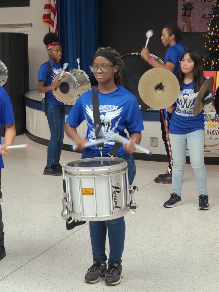 WHSPtech's tweet photo. P-TECH freshman Taylor F. performs with the percussion section at lunch. #ptechproud #whsptech #willowridgehs https://t.co/OPQLQJcHY8