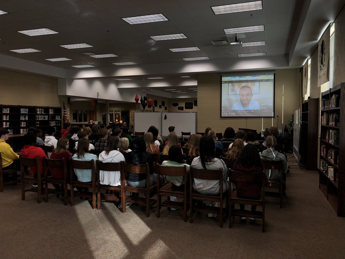 mshslib's tweet photo. @bsb1945 (@TrojansMSHS grad c/o 05) talking to our English classes about his book #CharlieBrownsAmerica his writing process and publishing process! https://t.co/k9Rc9BV8ka