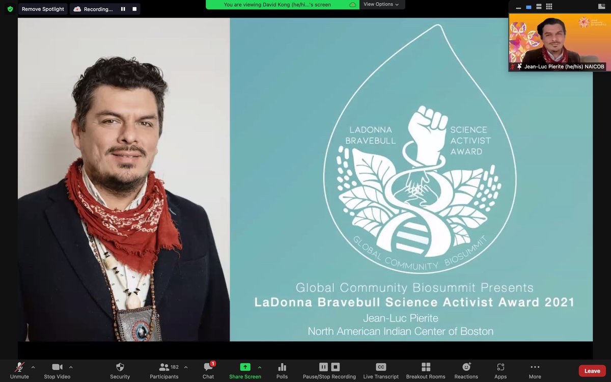 's tweet image. Congratulations to Jean-Luc Pierite (@neshoba78)—inaugural GCBS recipient of the LaDonna Bravebull Science Activist Award and whose pioneering work inspires us onward and upward! #communitybio