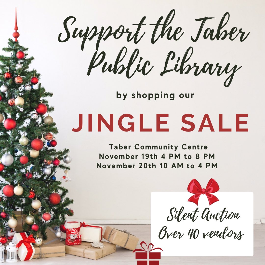 TaberLibrary's tweet photo. It’s almost time!! This Friday and Saturday you can visit us at our Christmas Jingle Sale! Check off your Christmas list while supporting your local library. Thank you to all our silent auction donors, vendors &amp; volunteers for your contributions! #TaberAB #Taber #TaberLibrary https://t.co/R4cd11K2EP