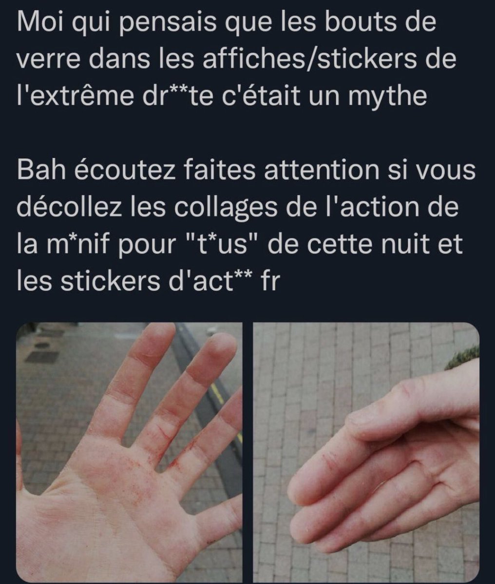 ⚠️ la man*f p*ur t*us ont collé des affiches partout cette nuit, et c’est très tentant de les décoller mais n’oubliez pas les gants 🧤 (la personne veut qu’on partage le tweet anonymement. il est sup)