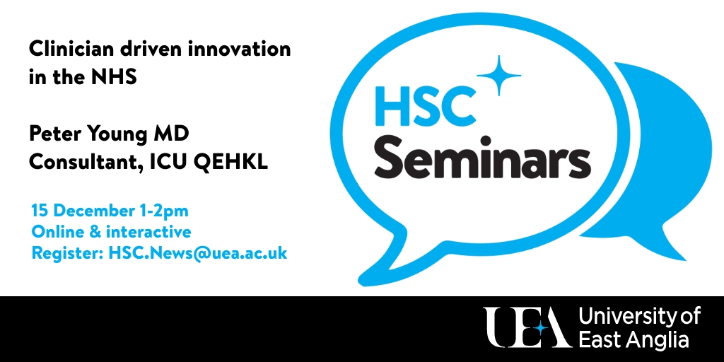 ueahealthsci's tweet photo. Our next #HSCSeminar is with Dr Peter Young MD, Consultant, ICU @TeamQEH and NHS Innovation Accelerator Fellow, talking about clinician driven innovation in the NHS. @peterjyoung101's innovations include #PneuX, #WireSafe, #Glucosave, #DruGuardian and #SAFIRA. https://t.co/ePzZ48RDf4