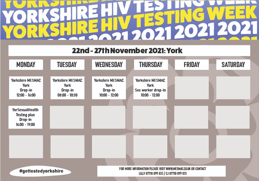 MesmacYNY's tweet photo. 🎉 Next week is Yorkshire #HIV Testing Week! 🎉

We will be holding testing sessions throughout the week in #York, so there are plenty of opportunities to get to know your status! ❤

See all sessions here: 
https://t.co/q2nKJBeSkc

#GetTestedYorkshire! https://t.co/r3WclAX0Dd