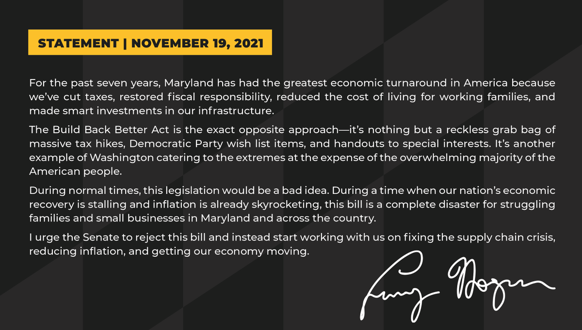GovLarryHogan's tweet photo. The Build Back Better Act is nothing but a reckless grab bag of massive tax hikes, Democratic Party wish list items, and handouts to special interests. My full statement: https://t.co/SVKK84WfRI