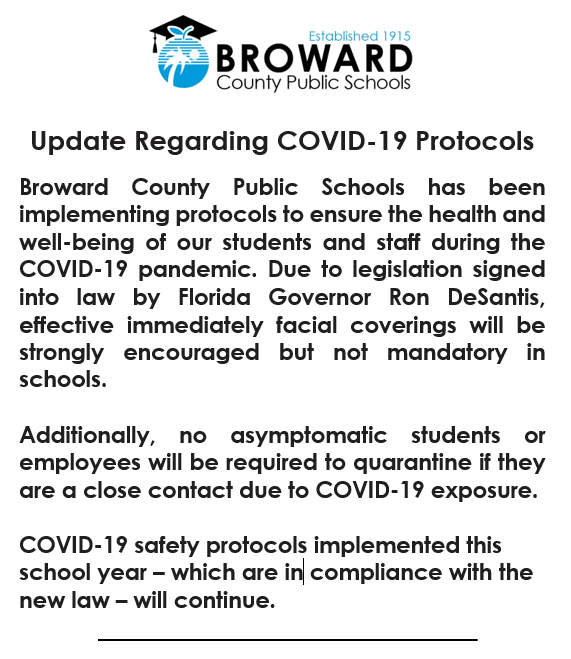 Update regarding @browardschools COVID-19 Protocols.