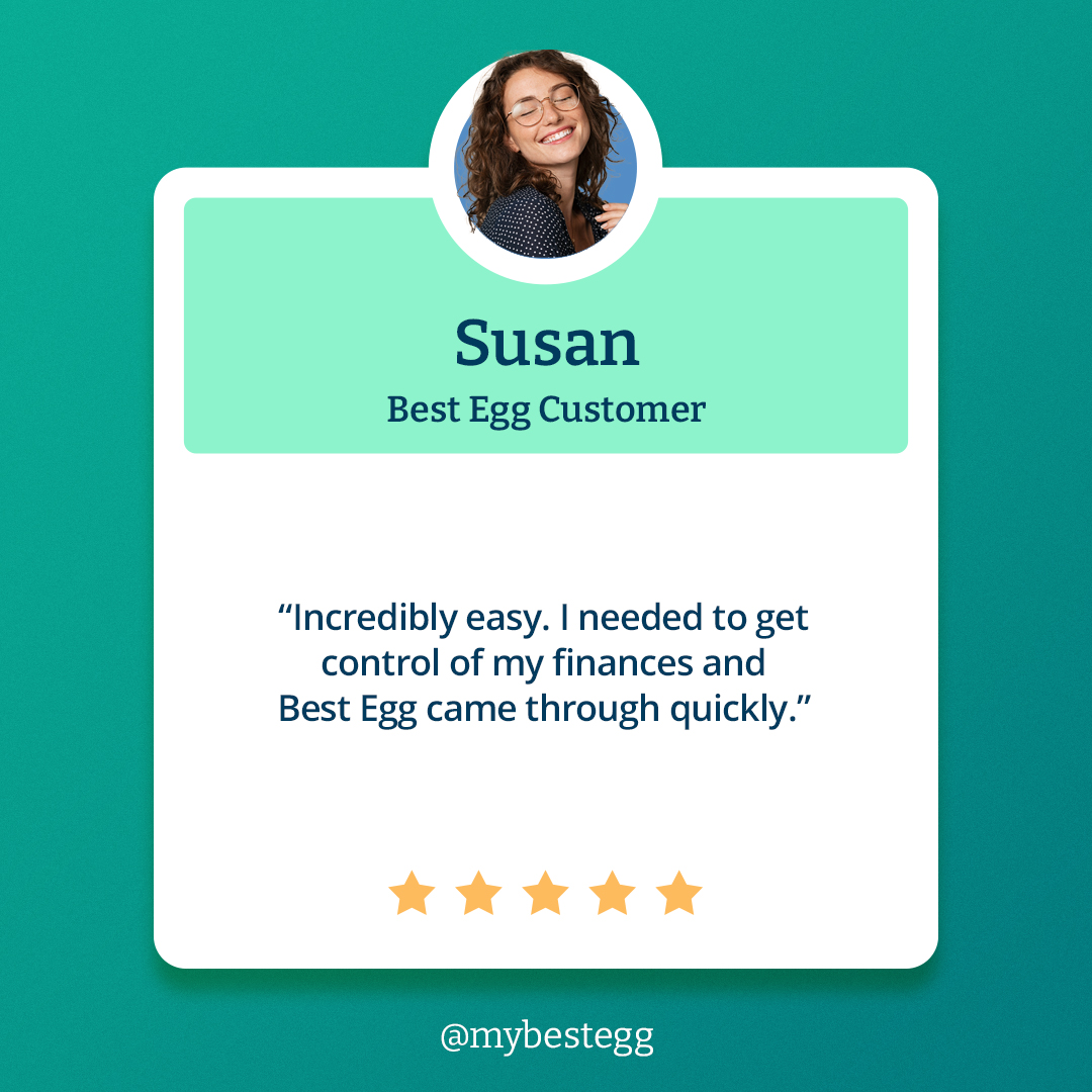 MyBestEgg's tweet photo. Feeling like things are spinning out of control can be rough. We love that Susan now feels like she is in control of her own finances. And our Reviews Page shows so many more cases of customers who have finally taken control back! #bestegg #besteggpersonalloans #personalloans https://t.co/U3Qqa9xEXG
