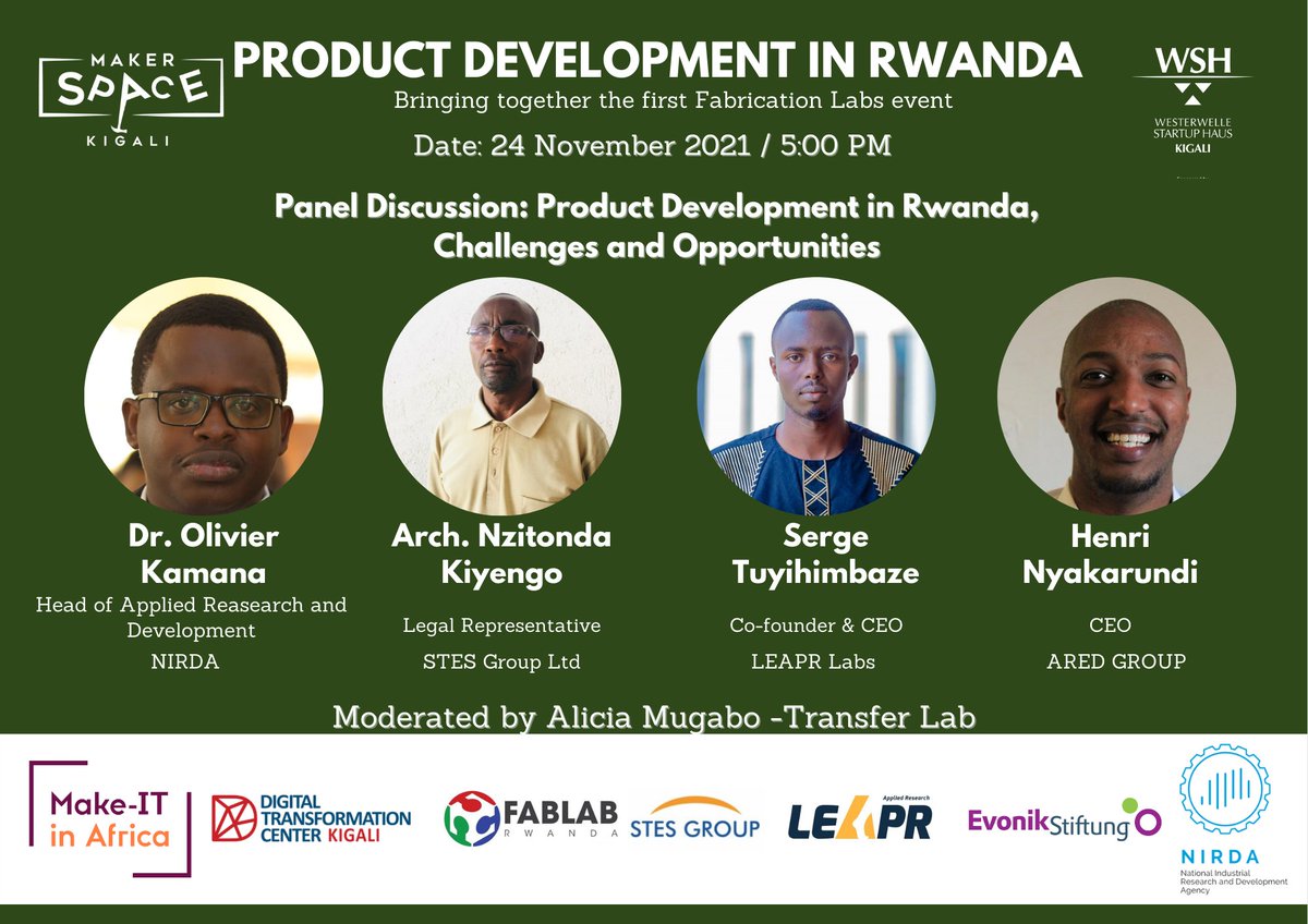 Together with #Rwanda's digital fabrication labs, we are hosting a product development event that will address different challenges faced by innovators and the opportunities available for them to scale their mass production. Register below:bit.ly/3HFlkEY 
#Rwot #Kigali