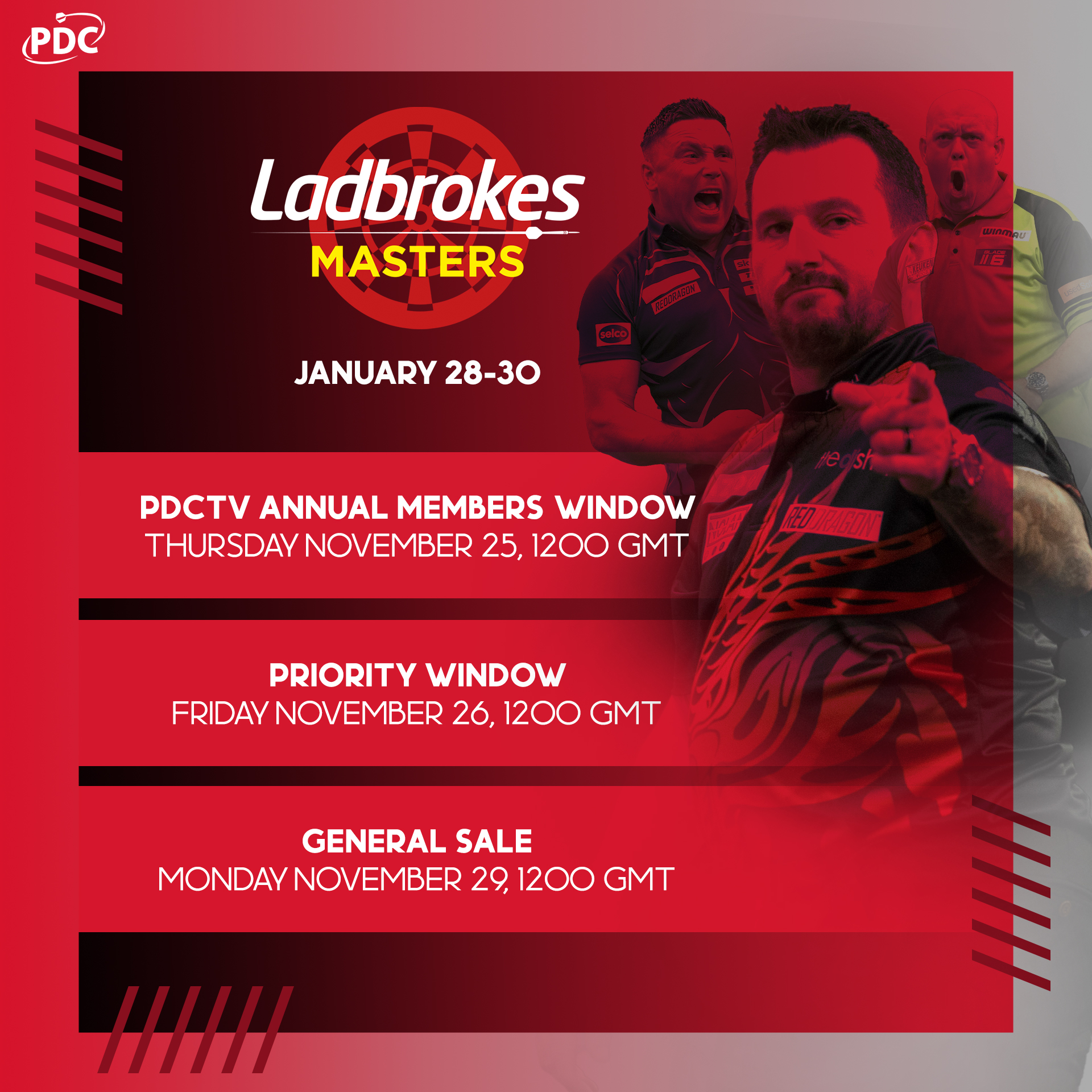 Darts on Twitter: for the 2022 @Ladbrokes Masters will initially go on sale from Thursday, November 25 at 1200 GMT. Become a PDCTV Annual 👉 https://t.co/YyBPPwoMK8 Register for the