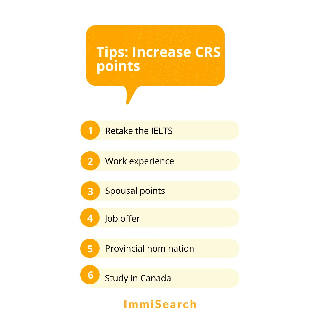 Here are some tips to increase your CRS score.

Stay tuned for more information on each tip next week!

#newimmigrant #newcomers #canada #canadianimmigration #immigratetoCanada #crsscore #permanentresidence #canadianimmigration101 #expressentry #canadianexperience #crstips