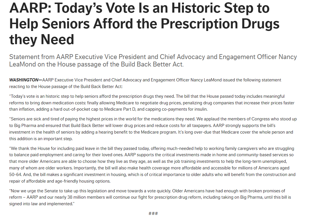 NancyLeaMond's tweet photo. Seniors are sick and tired of paying the highest drug prices in the world.  

We at @AARP applaud members of Congress who stood up to big pharma and made sure that #BuildBackBetter will lower drug prices &amp; reduce costs for taxpayers.  

READ full statement:https://t.co/D4VJeA9HqN https://t.co/VvbbL62cfF