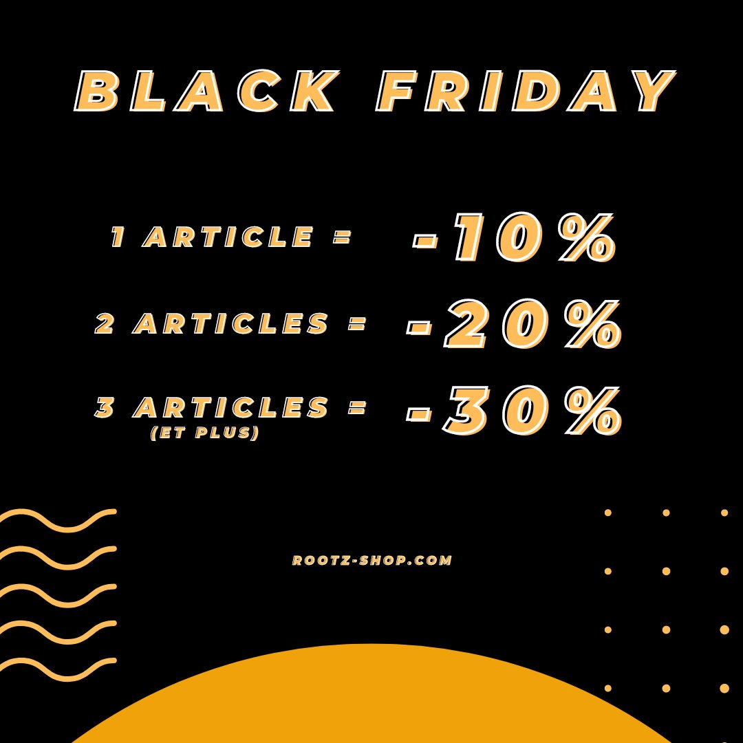 RootzShop's tweet image. Black Friday chez Rootz ça commence maintenant !

1 article acheté = 10% de réduction
2 articles achetés = 20% de réduction
3 articles achetés = 30% de réduction

rootz-shop.com