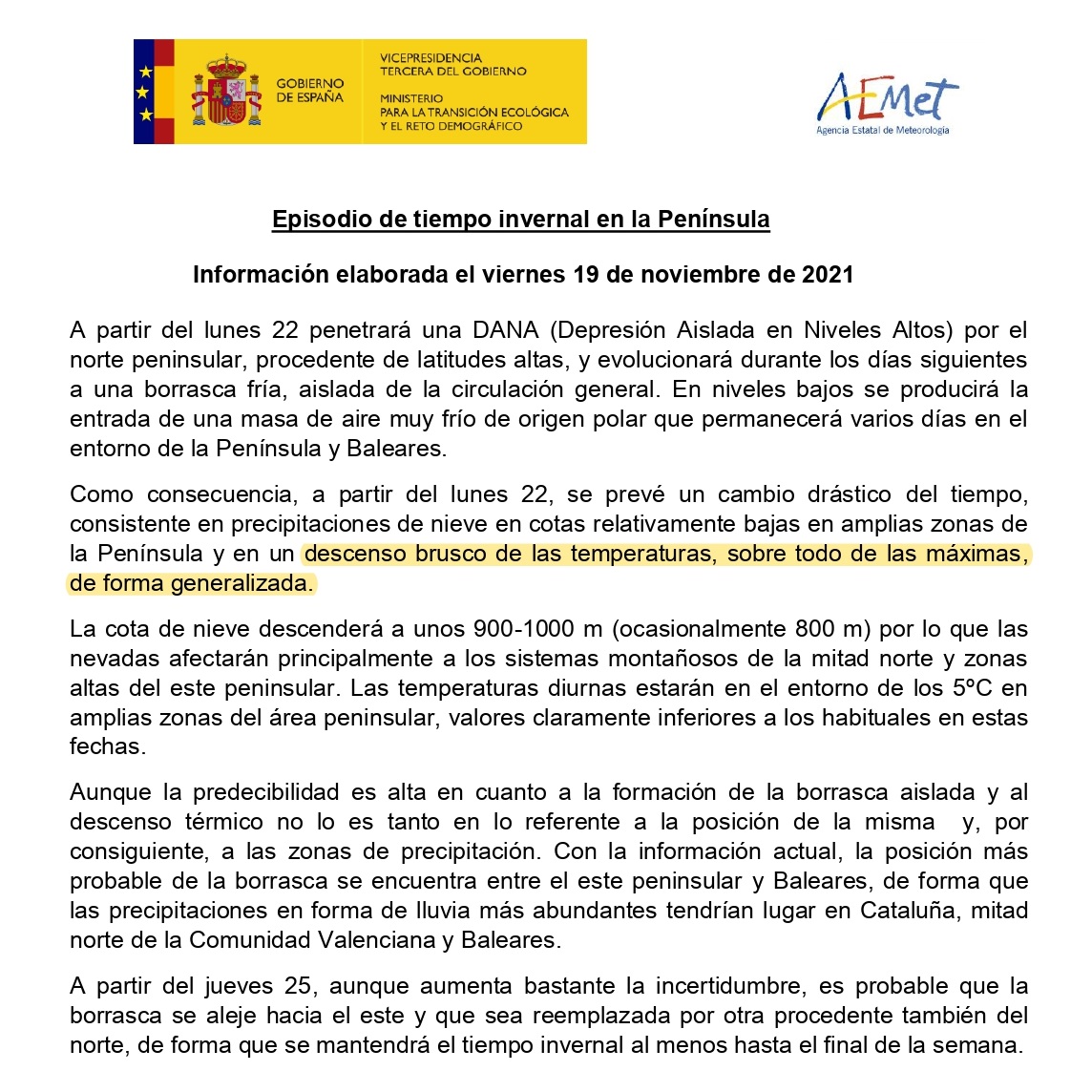 MeteOrihuela's tweet photo. Nota informativa @AEMET_Esp: "episodio de tiempo invernal en la #PenínsulaIbérica". A las puertas del primer adelanto o "zarpazo" del #invierno, con la entrada de una masa de aire muy frío de origen polar. ¡Prepárense para abrigarse un poco más! https://t.co/NjjRfKzgo2