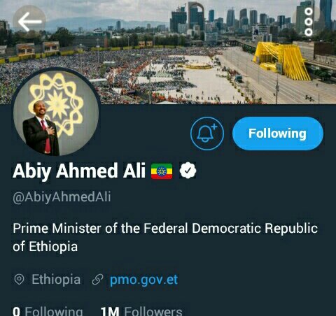 .<a href="/AbiyAhmedAli/">Abiy Ahmed Ali 🇪🇹</a> 1Million follwers. 🔥🔥🔥
Thanks everyone who made it happen.🙌🙌🙌
❤