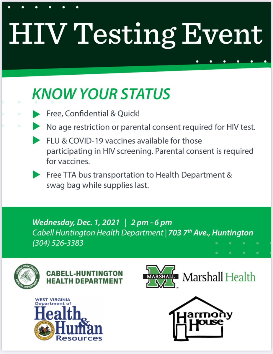 Jessica Ford, DO (@jessicaforddo) on Twitter photo Know your status! Another collaboration between <a href="/marshall_health/">Marshall Health</a>, @WV_DHHR, <a href="/Cabell_HlthDept/">Cabell Health Dept</a> and <a href="/HarmonyHouseWV/">Harmony House</a> to provide free HIV testing, along with flu and COVID vaccinations!
#knowyourstatus #hiv #aids #WorldAIDSDay Know your status! Another collaboration between <a href="/marshall_health/">Marshall Health</a>, @WV_DHHR, <a href="/Cabell_HlthDept/">Cabell Health Dept</a> and <a href="/HarmonyHouseWV/">Harmony House</a> to provide free HIV testing, along with flu and COVID vaccinations!
#knowyourstatus #hiv #aids #WorldAIDSDay