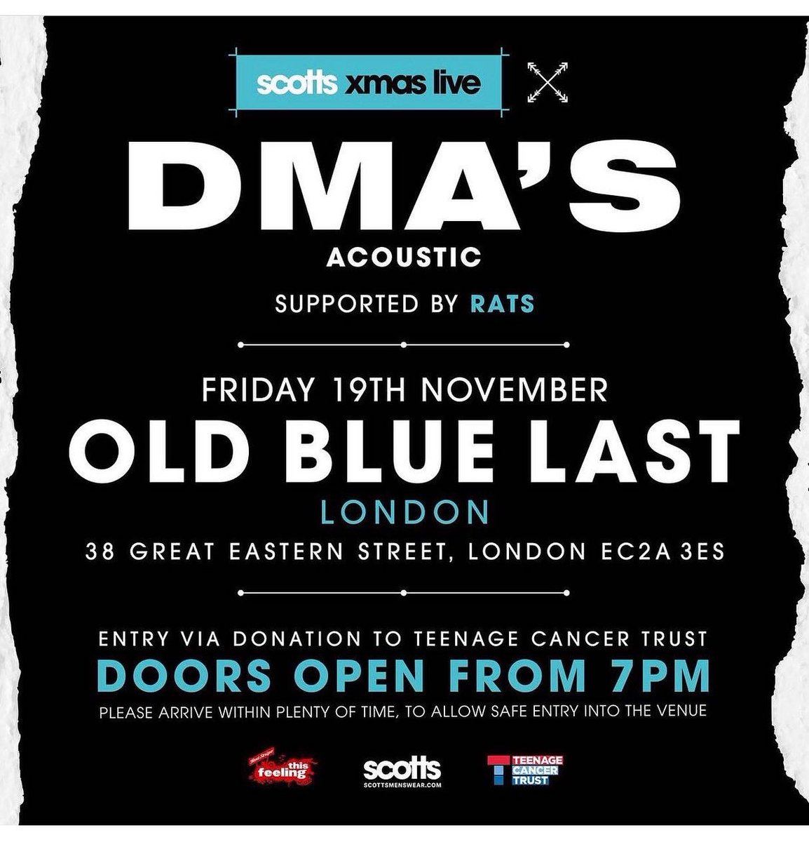 Tonight is the night‼️

@dmasmusic are here playing a stripped-back set for @This_Feeling x @scottsmenswear in aid of @TeenageCancer 

Doors at 7pm, get down early to see @thoserats🚨

(sold out)