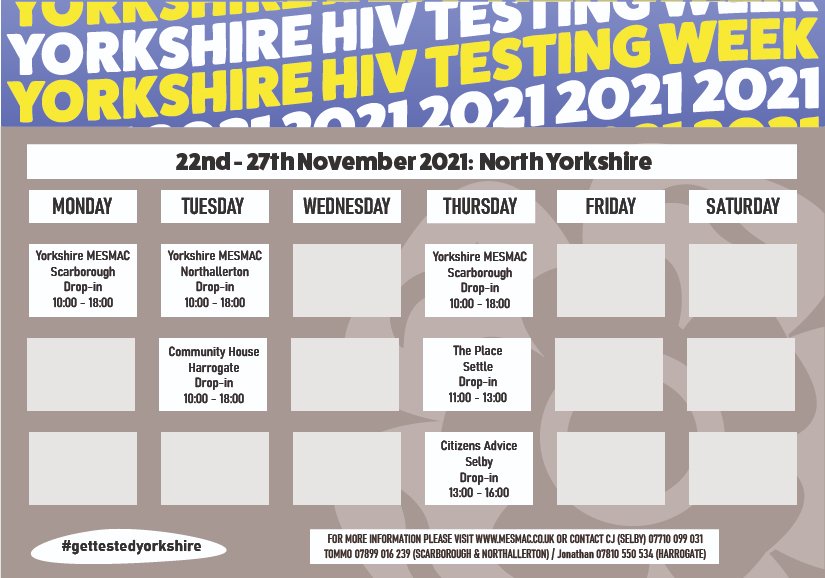MesmacYNY's tweet photo. 🎉 Next week is Yorkshire #HIV Testing Week! 🎉

We will be holding testing sessions throughout the week in #NorthYorkshire, so there are plenty of opportunities to get to know your status! ❤

See all sessions here: 
https://t.co/q2nKJBeSkc

#GetTestedYorkshire! https://t.co/KRww6nanmB