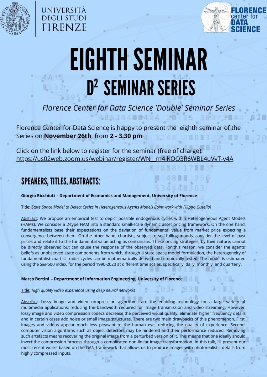 DataScienceFLR's tweet image. We’re happy to remind you our 8th #D2Seminar tomorrow Friday #26November at 2-3.30 pm with Giorgio Ricchiuti from @EconomiaUNIFI and @BertiniMarco from the dept of Information Eng. of @UNI_FIRENZE. You’re still on time to register for the webinar here bit.ly/3CzrK51