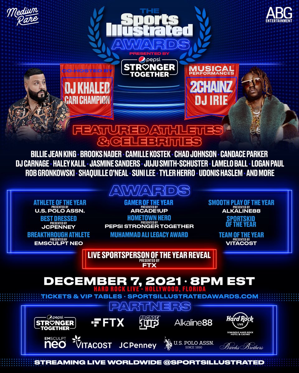 si_experiences's tweet photo. Tickets to the second annual Sports Illustrated Awards presented by @PepsiStronger are ON SALE NOW!  Join us as we broadcast live from the Seminole @HardRockHolly Hotel &amp; Casino in Hollywood, Florida on December 7th at 8:00pm EST! 

🎟: https://t.co/JEdsyYrFwy https://t.co/2KI2c3BjrF