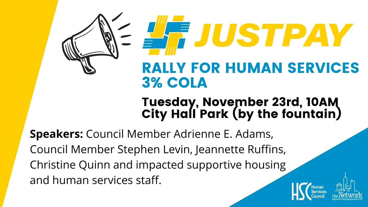 Project Renewal (@projectrenewal) on Twitter photo Join <a href="/theNetworkNY/">The Supportive Housing Network of NY</a> <a href="/HSC_NY/">#JustPay | Human Services Council of New York</a> 11/23 @ 10AM for a #JustPay Rally to call for a 3% COLA for human services workers in the City November budget modification. We must put an end to government-sanctioned poverty wages for human services workers! RSVP: docs.google.com/forms/d/e/1FAI… Join <a href="/theNetworkNY/">The Supportive Housing Network of NY</a> <a href="/HSC_NY/">#JustPay | Human Services Council of New York</a> 11/23 @ 10AM for a #JustPay Rally to call for a 3% COLA for human services workers in the City November budget modification. We must put an end to government-sanctioned poverty wages for human services workers! RSVP: docs.google.com/forms/d/e/1FAI…