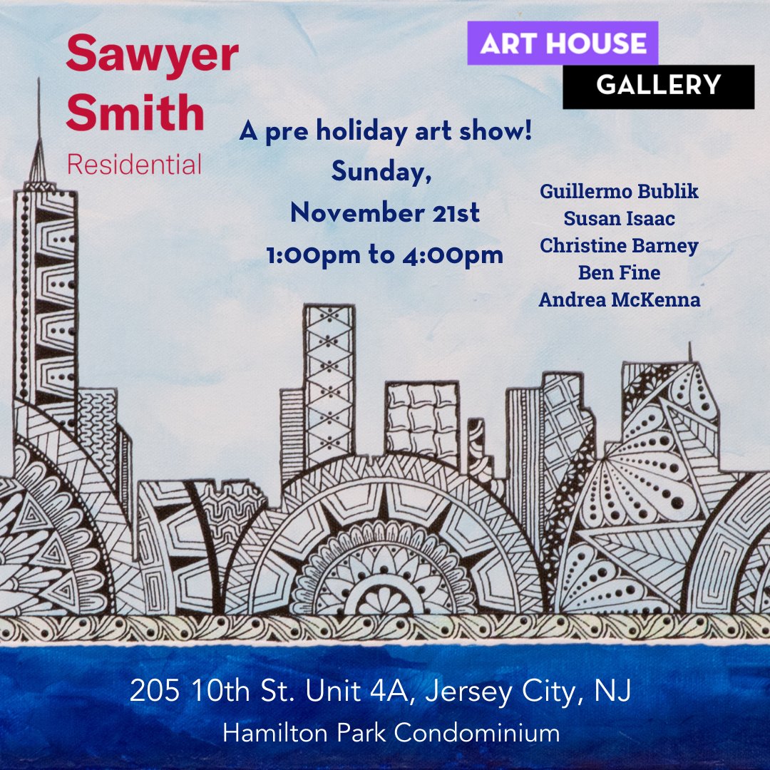 VisitHudsonNJ's tweet photo. This afternoon, 1 to 4 pm, join @arthouseprods for a Pre-Holiday Art Show featuring the work of local artists!
#VisitHudsonNJ #HudsonCounty #JerseyCity #ArtHouseGallery #localart #artshow #preholiday #art #NJArts https://t.co/38ORHOfHIV