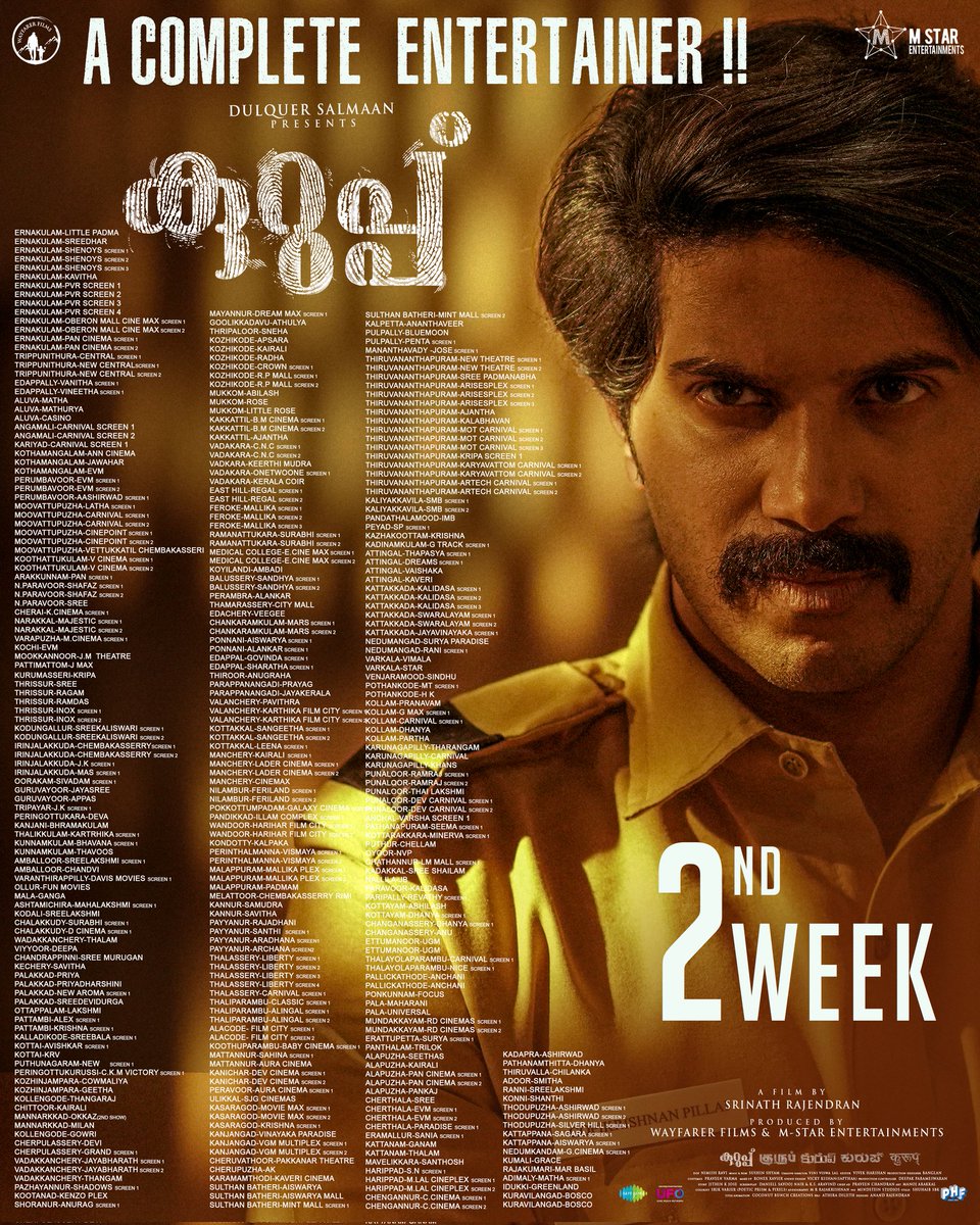 DQClubOfficial's tweet photo. Here’s the 2nd week Kerala theatre list for #Kurup !!! Book your tickets now!! 😎 https://t.co/by5fQAoVbE