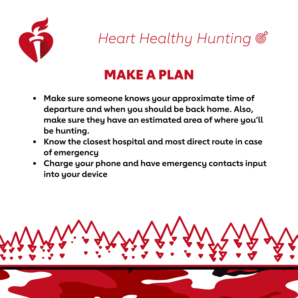 AHA_WV's tweet photo. Making a plan is one of the most important things a hunter can do to ensure quick response time in case of an emergency, Follow these easy tips to make a plan this hunting season! #HeartHealthyHunting #AHAWV https://t.co/DLHRpfky6P