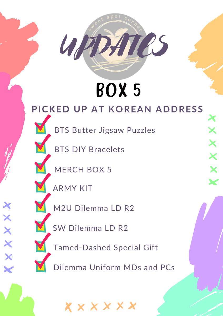 sweetspotcorner's tweet photo. #SweetSC_Updates

BOX 5

Picked up na kanina sa Korean Address.
ETA 2-3 weeks (if walang delays)

Guys, patience po ha. If magkaroon ng delays, that's beyond our control na po.  

Thank you so much po. 🙆‍♀️🙇‍♀️ https://t.co/nPw5Cv2yDs