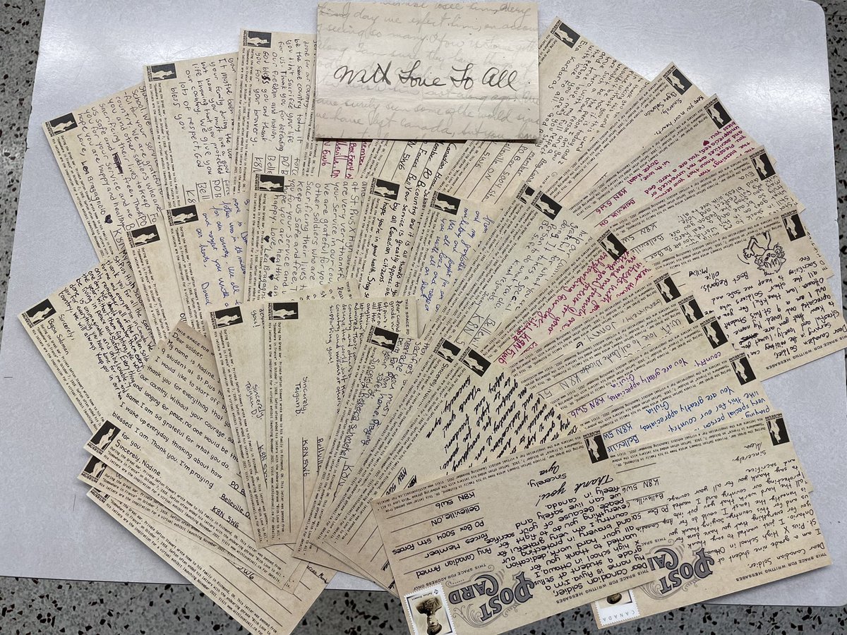ruthiebum1976's tweet photo. @GoulbournMuseum @StPiusXOCSB Grade 9 students using postcards “With ❤️ to all” generously donated by the Goulbourn Museum to connect with our Canadian Armed Forces. #writingactivity #ocsbCommunity #connection #WithLoveToAll https://t.co/UEZr1vP0Ha
