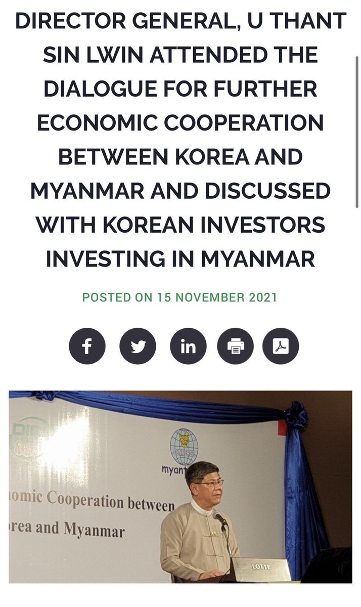 JohnLiuNN's tweet photo. As people are still being shot and arrested, the South #Korean embassy in #Myanmar &amp; #KOCHAM organized a “dialogue” with the SAC’s DICA on “further economic cooperation”. Unsurprisingly, Zaw Min Win of UMFCCI was there too. https://t.co/wOAiRa9lzK