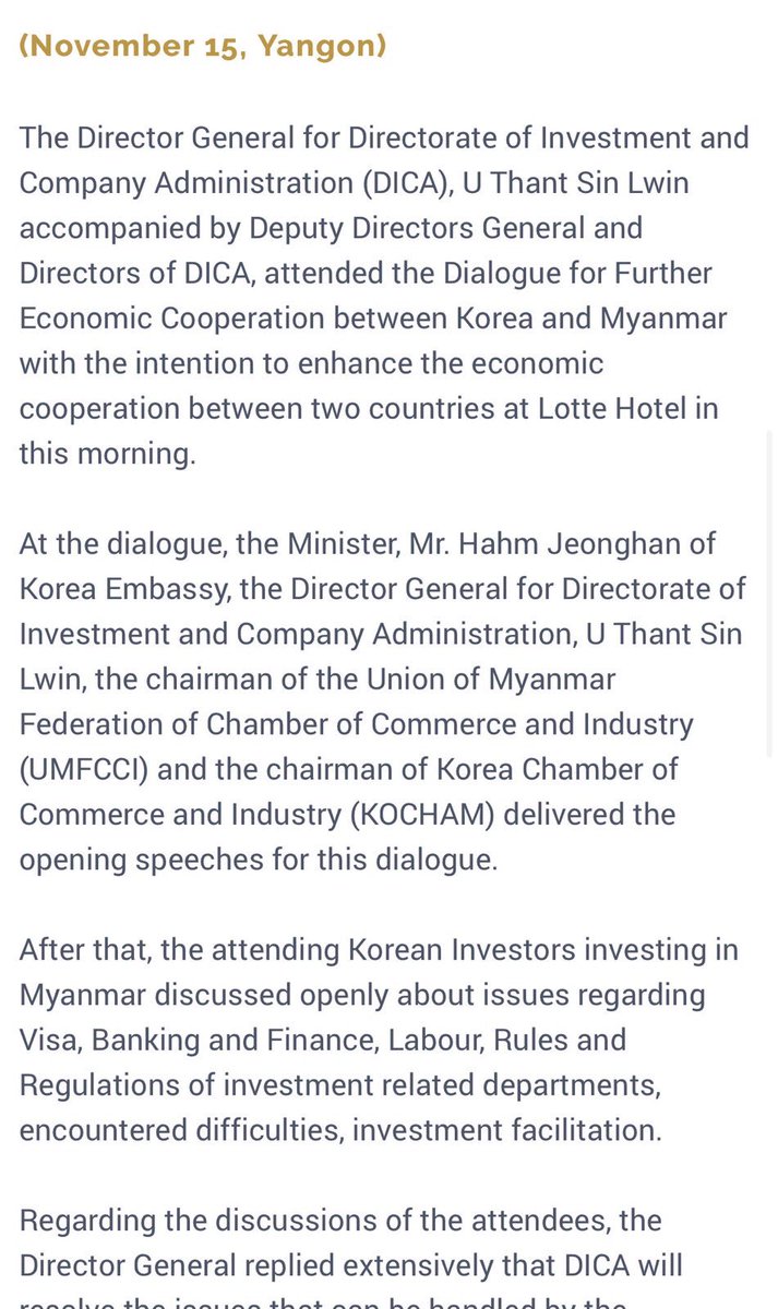 JohnLiuNN's tweet photo. As people are still being shot and arrested, the South #Korean embassy in #Myanmar &amp; #KOCHAM organized a “dialogue” with the SAC’s DICA on “further economic cooperation”. Unsurprisingly, Zaw Min Win of UMFCCI was there too. https://t.co/wOAiRa9lzK