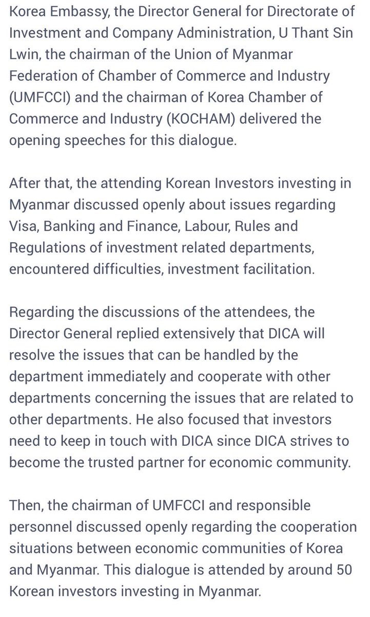 JohnLiuNN's tweet photo. As people are still being shot and arrested, the South #Korean embassy in #Myanmar &amp; #KOCHAM organized a “dialogue” with the SAC’s DICA on “further economic cooperation”. Unsurprisingly, Zaw Min Win of UMFCCI was there too. https://t.co/wOAiRa9lzK