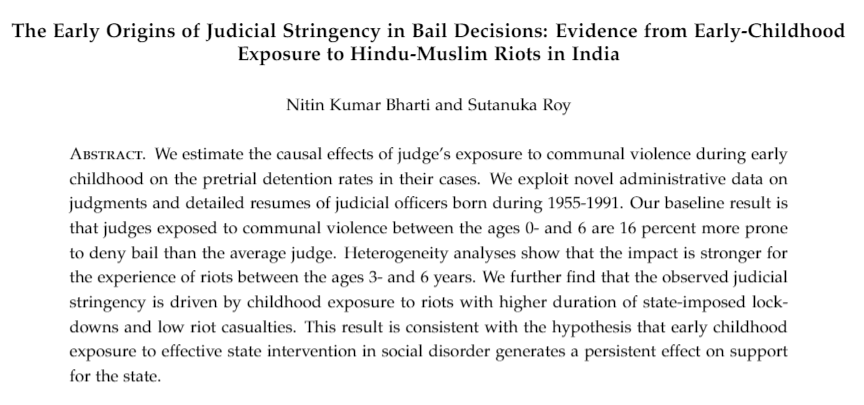 Excited to share my #JMP!
With <a href="/Sutanuka20/">Sutanuka Roy</a>, we examine the origins of judicial bias in the context of India. 
Judges are more likely to deny bail if they were exposed to ethnic conflict (Hindu-Muslim riots) environments in their early childhood. (1/n)🧵