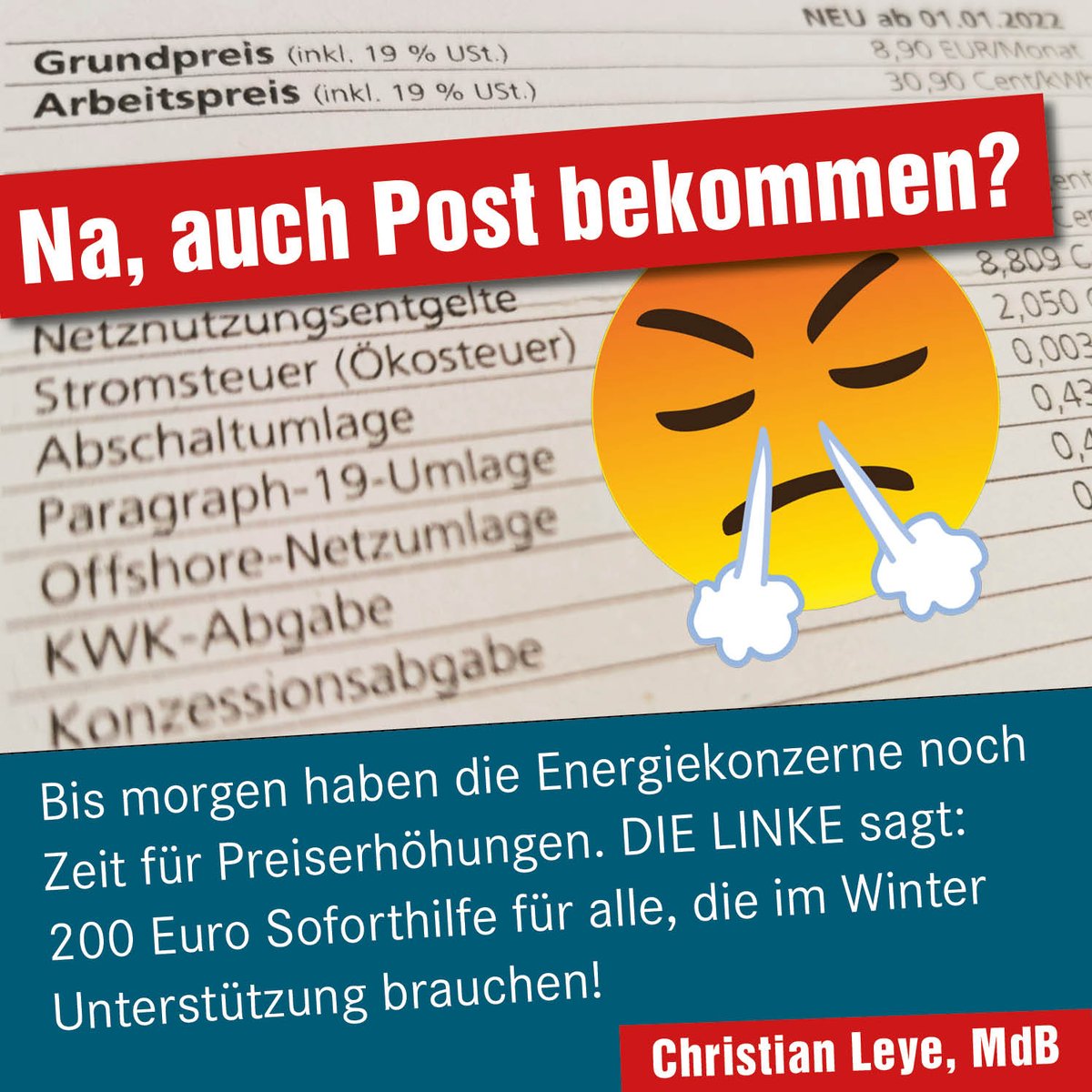 Na, auch Post bekommen? Bis morgen haben die Engergiekonzerne noch Zeit für Preiserhöhungen. DIE LINKE sagt: 200 Euro Soforthilfe für alle, die im Winter Unterstützung brauchen!