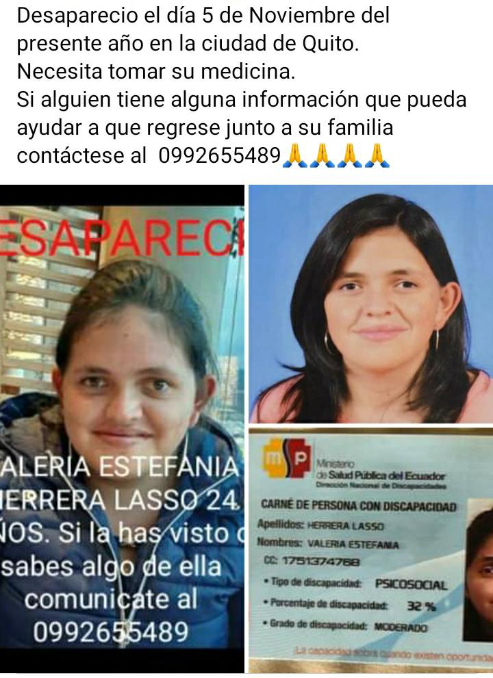 jorgepenafielc's tweet photo. URGENTE!
Joven con discapacidad desaparecida en Quito. Ultima vez se la vio en el albergue San Juan de Dios.

Es hija de una prima.
Si no toma su medicina su vida corre peligro. @fabriciovelav @estebanavila @jcarlosaizprua @JessyJaramilloY @Polificcion https://t.co/xmS9GkQ3rj