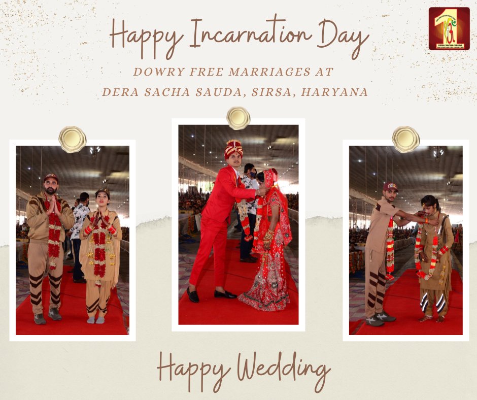 DSSNewsUpdates's tweet photo. Following a healthy ritual, dowry-free #marriages were solemnized on the #IncarnationDay of Sai Ji. With the inspiration of St Dr. @Gurmeetramrahim Singh Ji Insan, devotees never get involved in these ill-practices of dowry and bring a revolutionary change in society. #marriage https://t.co/nFfeYQv1aT