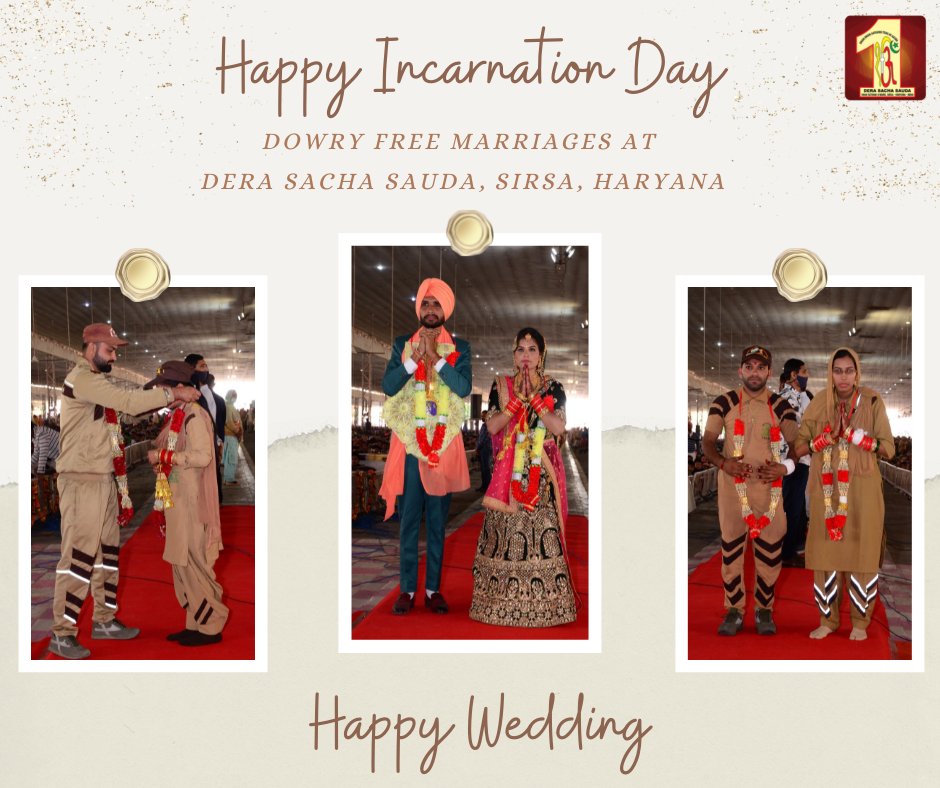 DSSNewsUpdates's tweet photo. Following a healthy ritual, dowry-free #marriages were solemnized on the #IncarnationDay of Sai Ji. With the inspiration of St Dr. @Gurmeetramrahim Singh Ji Insan, devotees never get involved in these ill-practices of dowry and bring a revolutionary change in society. #marriage https://t.co/nFfeYQv1aT