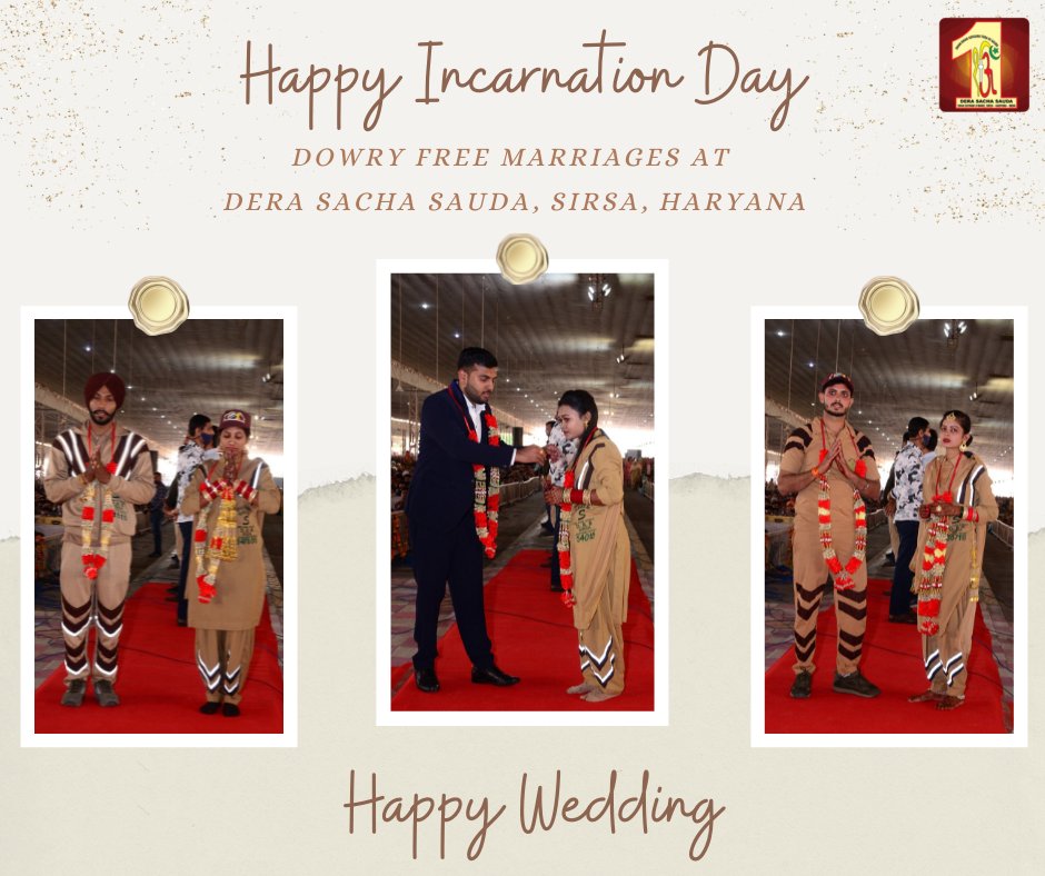 DSSNewsUpdates's tweet photo. Following a healthy ritual, dowry-free #marriages were solemnized on the #IncarnationDay of Sai Ji. With the inspiration of St Dr. @Gurmeetramrahim Singh Ji Insan, devotees never get involved in these ill-practices of dowry and bring a revolutionary change in society. #marriage https://t.co/nFfeYQv1aT