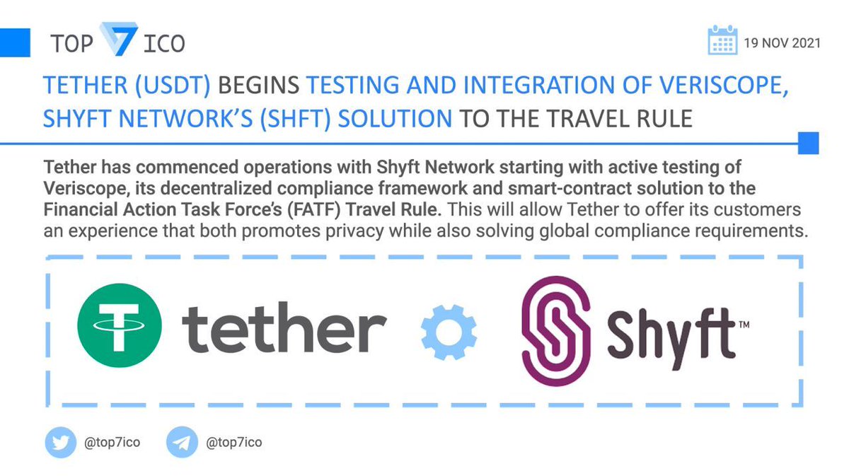 top7ico's tweet photo. Tether $USDT begins testing and integration of Veriscope, @shyftnetwork $SHFT Solution to the Travel Rule

This will allow @tether to offer its customers an experience that both promotes privacy while also solving global compliance requirements.

👉 https://t.co/T9obu2IsvF https://t.co/3C0TF6AQuD