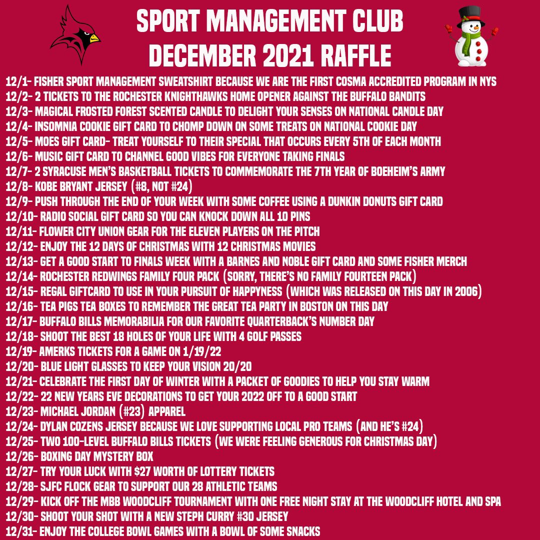 Our December fundraiser to subsidize the cost of our club trip in the Spring has arrived! How it works: each day in December, a ticket is drawn and the winner gets the prize from that specific day. Contact a sport management club member or message us to purchase a ticket!
