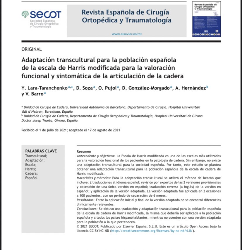 Para mis colegas hispanohablantes, os comparto nuestra última publicación donde realizamos una adaptación transcultural de la escala de Harris modificada authors.elsevier.com/sd/article/S18…