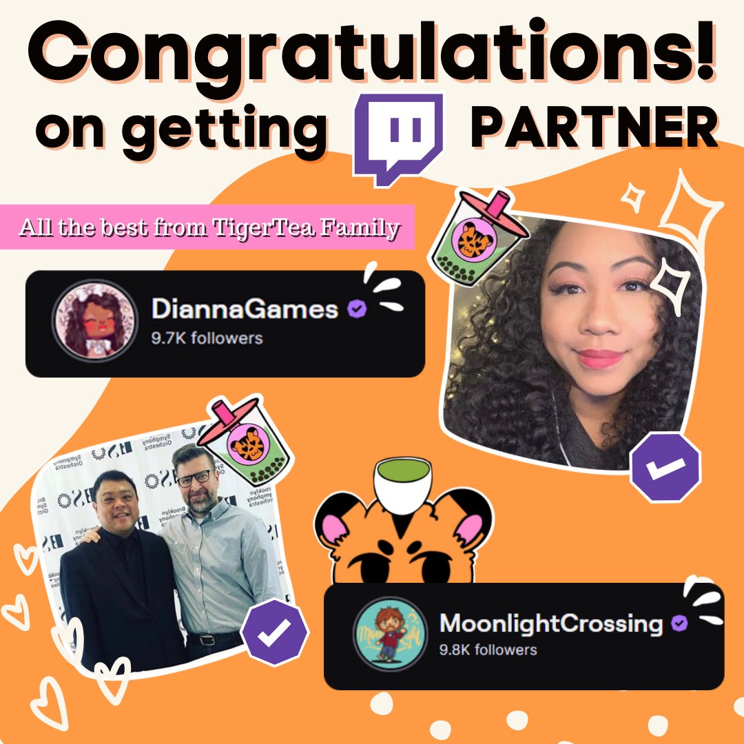 TigerTeaTeam's tweet photo. Congratulations to @diannagames_ & @MoonliteXing , for getting #TwitchPartner! They all have created amazing communities here on Twitch and are very deserving of this recognition! Tiger Tea is very proud of you!!
#tigertea #twitch #twitchpartner #twitchstreamer https://t.co/2VdtstmNoB