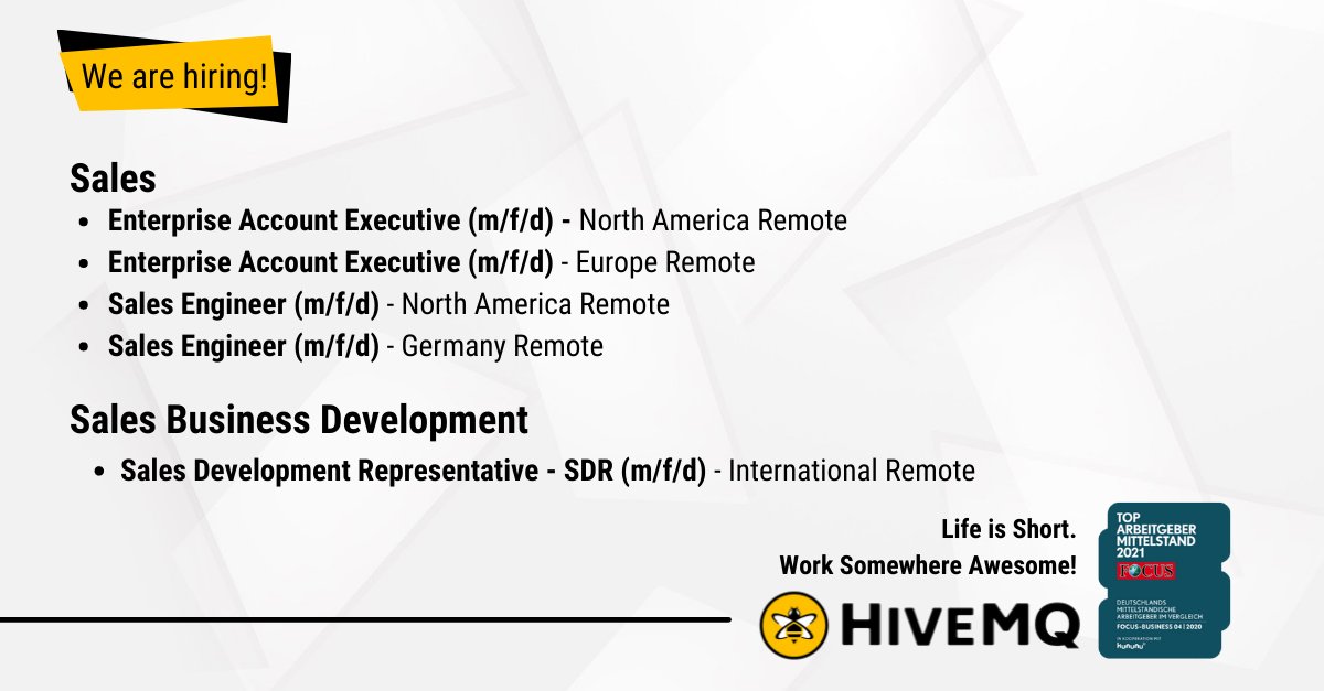 HiveMQ's tweet photo. 📢 @HiveMQ #Sales team and #SDR team are hiring! Check out our open positions here ➡️ https://t.co/l517fzZdo6 ⬅️ or do spread the word.

#Salesjobs #EnterpriseAccountExecutive #SaleEngineer #SaleEngineeringJobs #SDRJobs #SDR #SalesDevelopmentRepresentative #RemoteSalesJobs https://t.co/Mvfd97NAH8