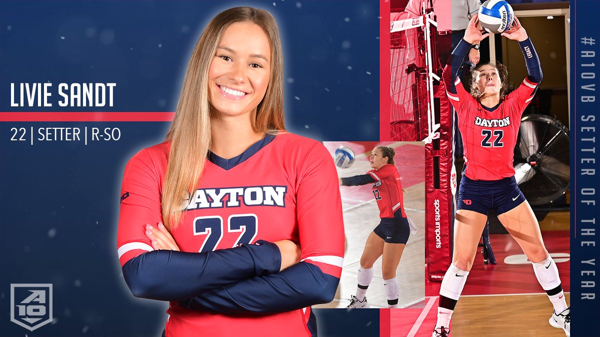 The #A10VB 🏐 Setter of the Year, <a href="/DaytonVB/">Dayton Volleyball</a>'s Livie Sandt!

🏐 2nd in A-10 with 9.34 assists/set
🏐 recorded 🖐 double-doubles
🏐 eight 40+ assist performances
🏐 33 blocks 🛑 this season

📰: bit.ly/3qP4fm9
