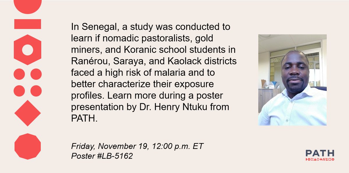 Today at noon ET at <a href="/ASTMH/">ASTMH</a> #TropMed21, head to poster session B to read about a study in #Senegal that explored if certain populations were at a higher risk of #malaria and chat with Dr. Henry Ntuku from <a href="/PATHtweets/">PATH</a>.