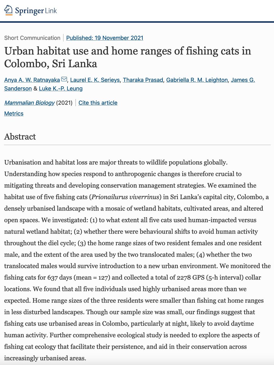 Eeeek! It's out!!! First study on GPS-tagged #FishingCats, and first ever to be tracked in an urban landscape. Yay #Colombo #SriLanka! 

High fives to my incredible co-authors - <a href="/GabiLeighton/">Dr Gabi Leighton</a> <a href="/urbancaracal/">Urban Caracal Project</a> Dr Luke, Dr Tharaka, and Jim!

And high fives to my incredible team!