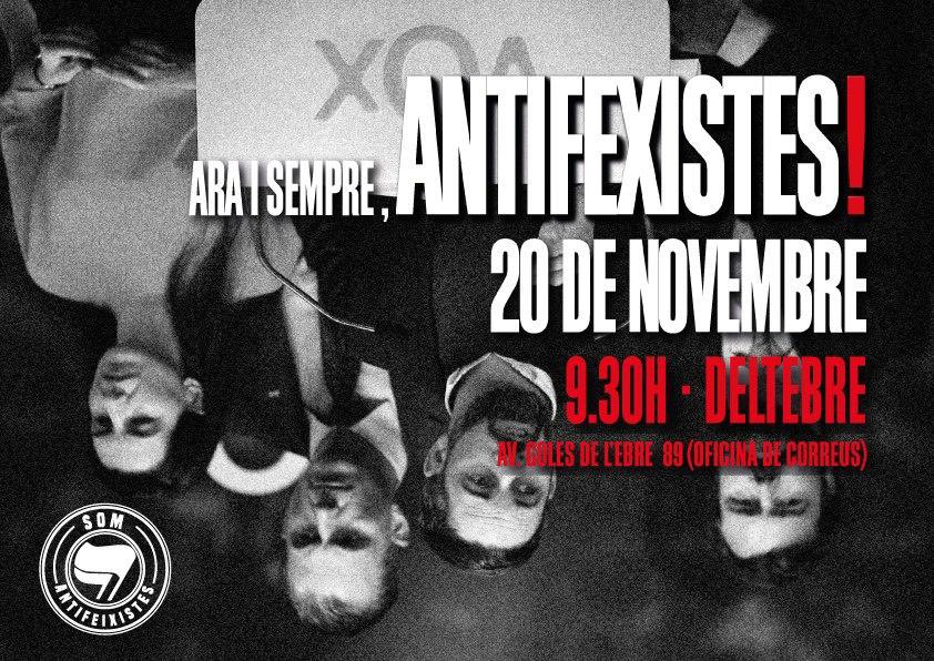 🔴 CONVOCATÒRIA

El feixisme avança si no se’l combat✊! Dissabte totes a Deltebre!

📅 20 de novembre
⏰ 9.30h
📍 Davant l’Oficina de Correus (Deltebre)

Veniu amb tot tipus de material per fer soroll!!! 🥁🥁📢

Ni masclisme, ni racisme, ni homofobia, ni feixisme. 
FORA V 🤮X!!!