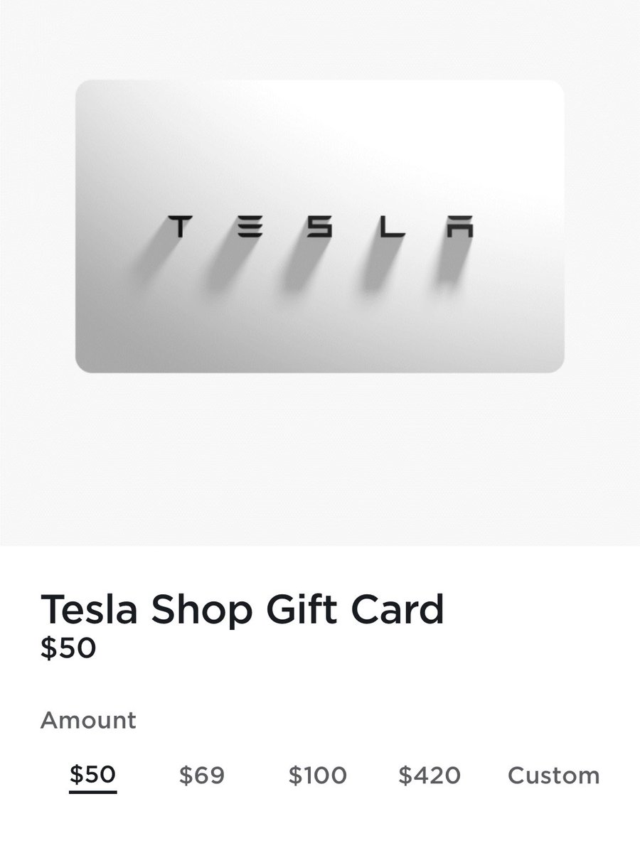 RyanZohoury's tweet photo. #Tesla’s sense of humor sets it apart from every other company. They just released a gift card for their shop and look at the amount options 🤣 @elonmusk https://t.co/VwC8SdV94x