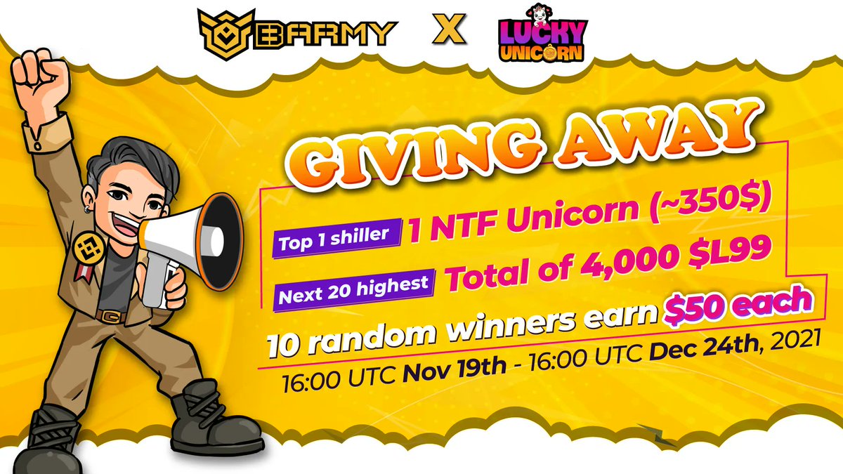 BARMYGROUP's tweet photo. .@LuckyUnicornNFT &amp; BSC Army Are Giving Away $500, 1 NFT Unicorn, and 4,000 $L99

⏰ 16:00 Nov 19 - 16:00 Dec 24 (UTC)

⭐️ 10 random winners: 💵 $50 each
⭐️ 1st shiller: 1 NTF Unicorn (~$350)
⭐️ Next 20: total of 4,000 $L99 (~$160)

Join here: https://t.co/sjeg2cjaAk https://t.co/JQ7XEepmEq